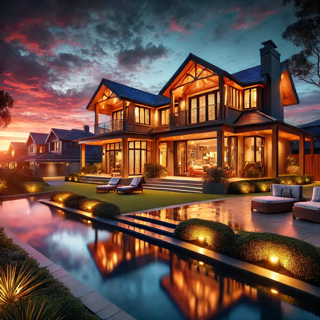 high-quality twilight photography image of a luxurious real estate property