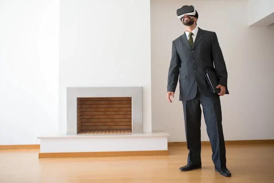 A man in a suit using VR headset in a modern living room.