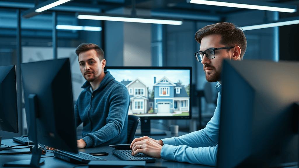 Creative marketing team developing a 3D virtual home tour on computers for real estate marketing in modern office