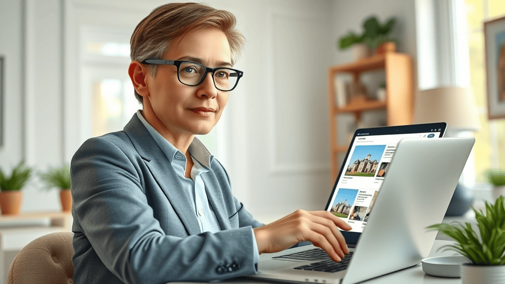 Professional real estate agent uploading a 3D virtual tour to online estate listing from home office