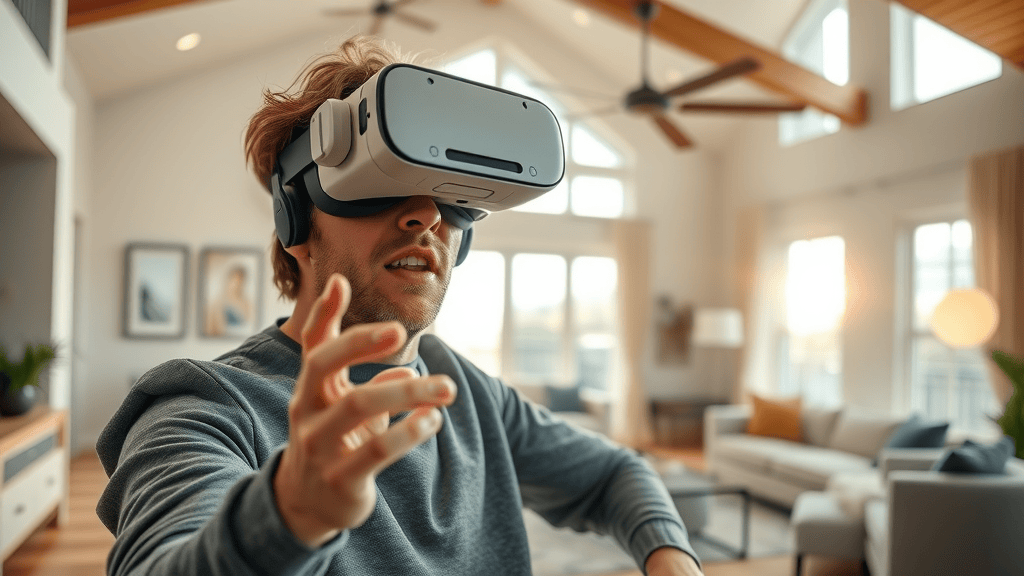 Prospective buyer experiencing a 3D virtual tour in real estate marketing through VR headset in luxury home