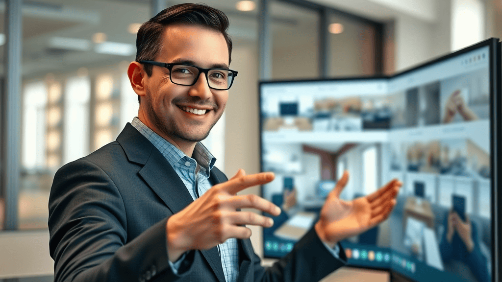 Real estate agent presenting a 3D virtual tour on large interactive screen in real estate marketing office