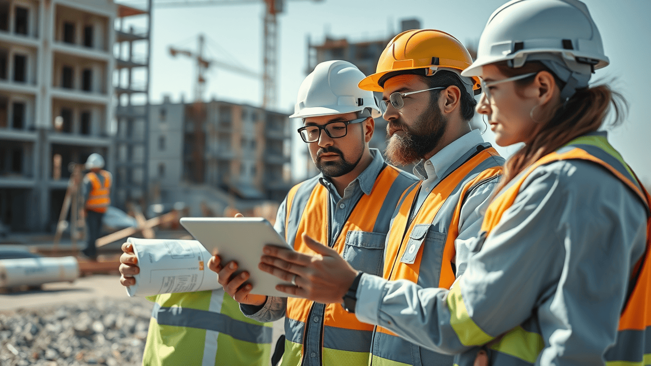 cutting-edge construction site with engineers examining a digital tablet and ongoing survey work for how 3D as-built surveys improve accuracy in construction