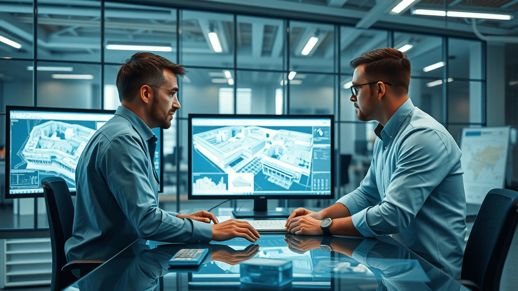 project managers analyzing 3D point cloud data for construction accuracy in a high-tech office